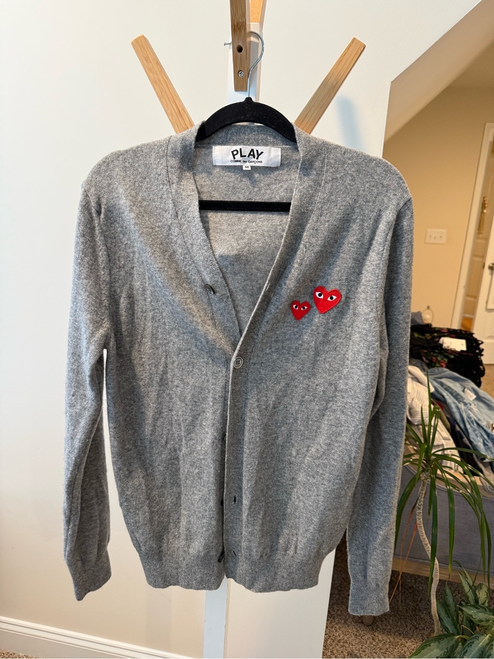 Comme des Garcons PLAY Grey Cardigan with Red Heart Logos